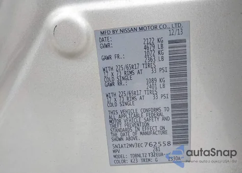 2014 Nissan Rogue Sv z USA, uszkodzony, nr VIN 5N1AT2MV3EC762558